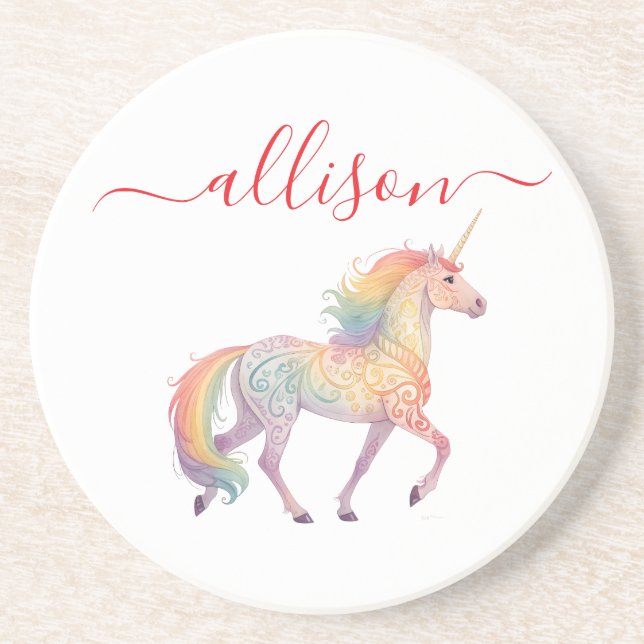 Magical Rainbow Unicorn name Personalized  Coaster (Front)