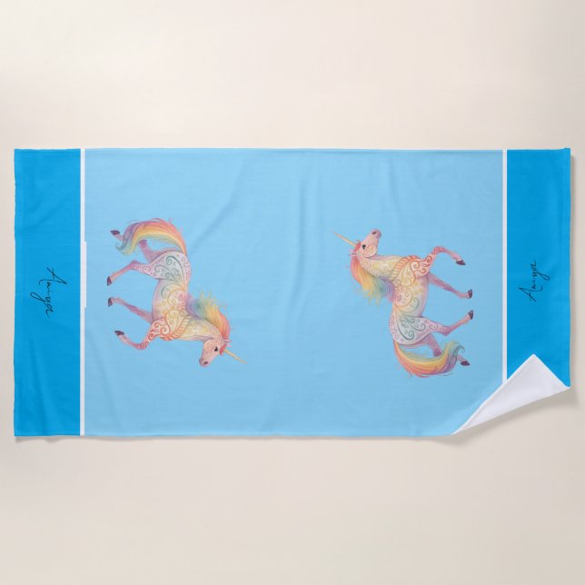 Magical Rainbow Unicorn  Personalized  Beach Towel (Front)