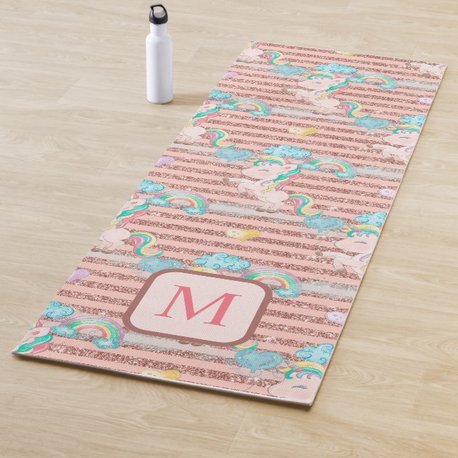 Magical Rainbow Unicorn Pink Glitter Monogram Yoga Yoga Mat (In Situ)