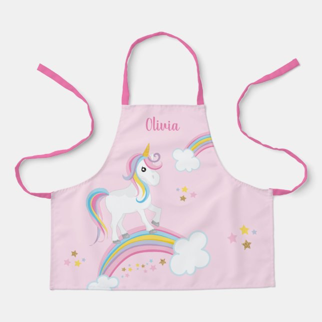 Magical Rainbow Unicorn Pink Personalized Kids Apron (Front)