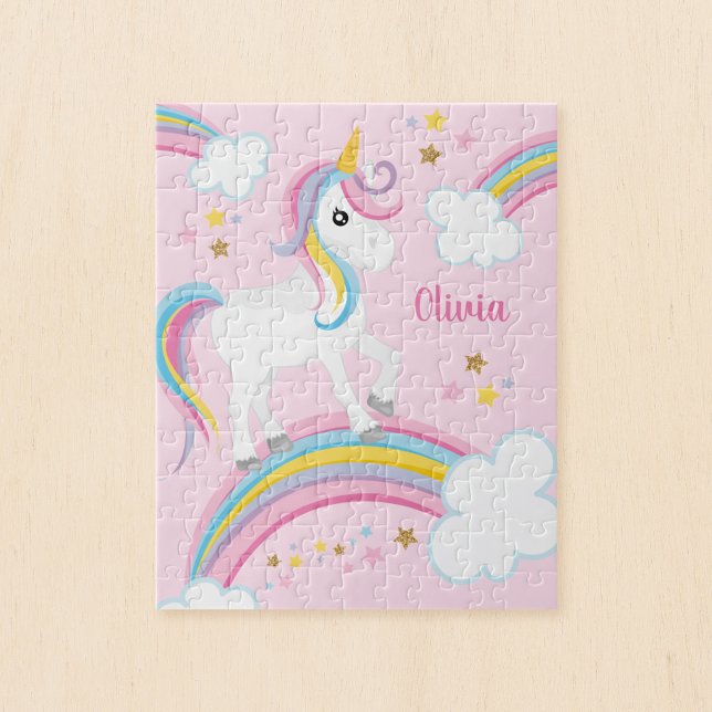 Magical Rainbow Unicorn Pink Personalized Kids Jigsaw Puzzle (Creator Uploaded)