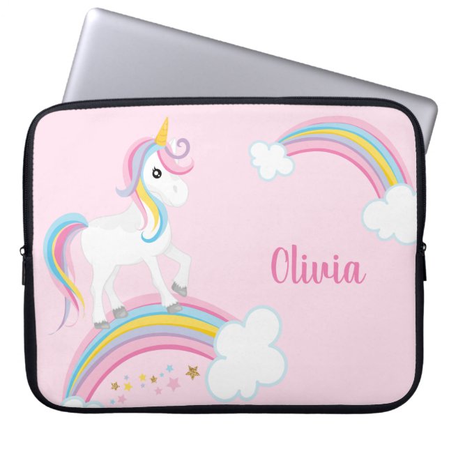 Magical Rainbow Unicorn Pink Personalized Laptop Sleeve (Front)