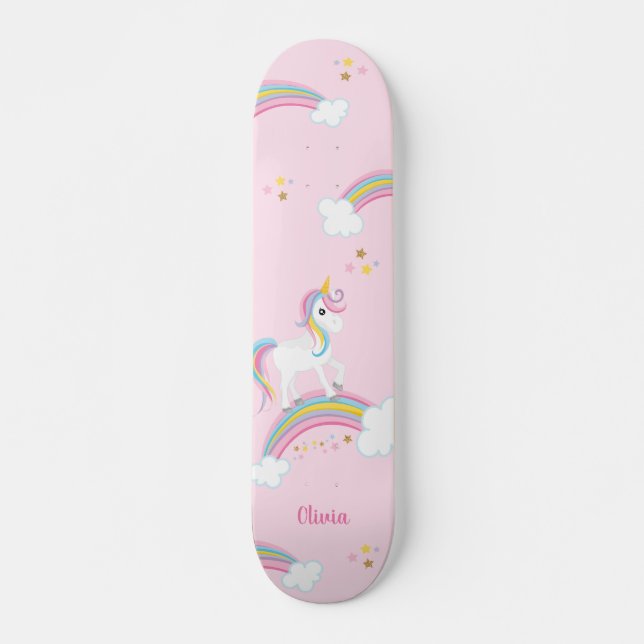 Magical Rainbow Unicorn Pink Personalized Skateboard (Front)