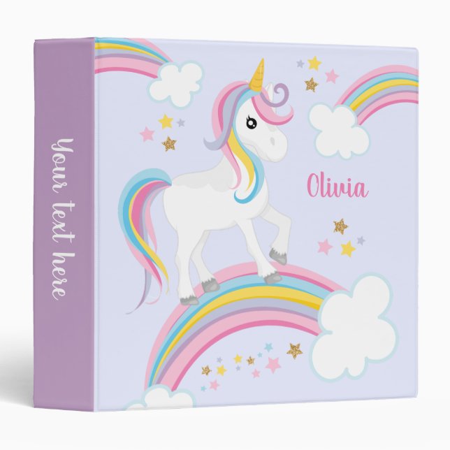 Magical Rainbow Unicorn Purple Personalized Kids Binder (Front/Spine)