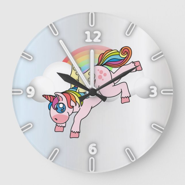 Magical Rainbow, Unicorn , Silver Large Clock (Front)