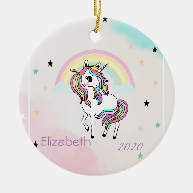Magical Rainbow Unicorn Stars Ceramic Ornament (Front)