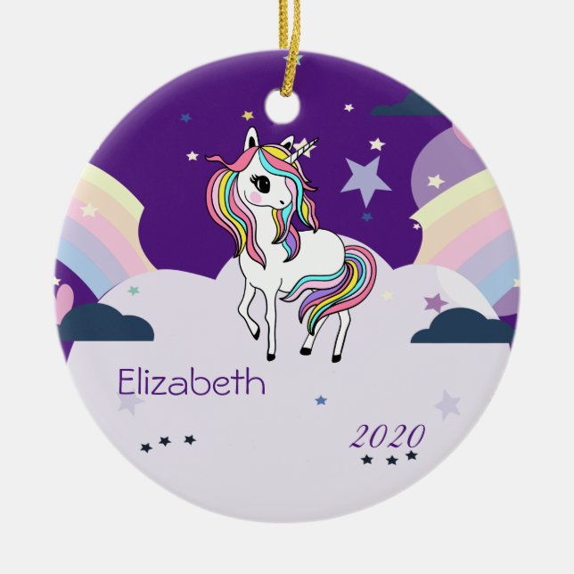 Magical Rainbow Unicorn Stars,Clouds Ceramic Ornament (Front)