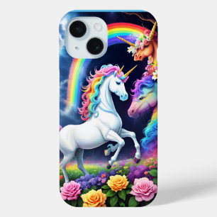Magical Rainbow Unicorns Flowers Landscape iPhone 15 Case