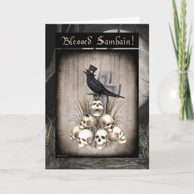 Magical Raven and Skulls Samhain Blank Card (Front)