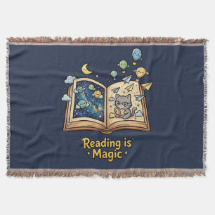 Magical Reading Adventure - Kawaii Bookish Design Throw Blanket