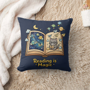Magical Reading Adventure - Kawaii Bookish Design Throw Pillow