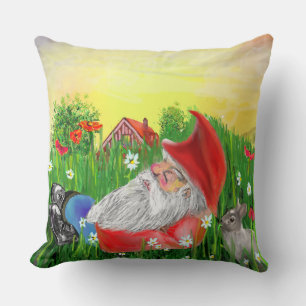 Magical Red and Green Gnome and Rabbit Throw Pillow