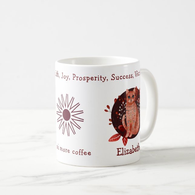 Magical Red Cat And Plants. Funny And Positive Coffee Mug (Front Right)