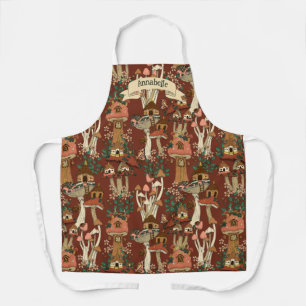 Magical Red Cottage Core Floral Mushroom Pattern Apron
