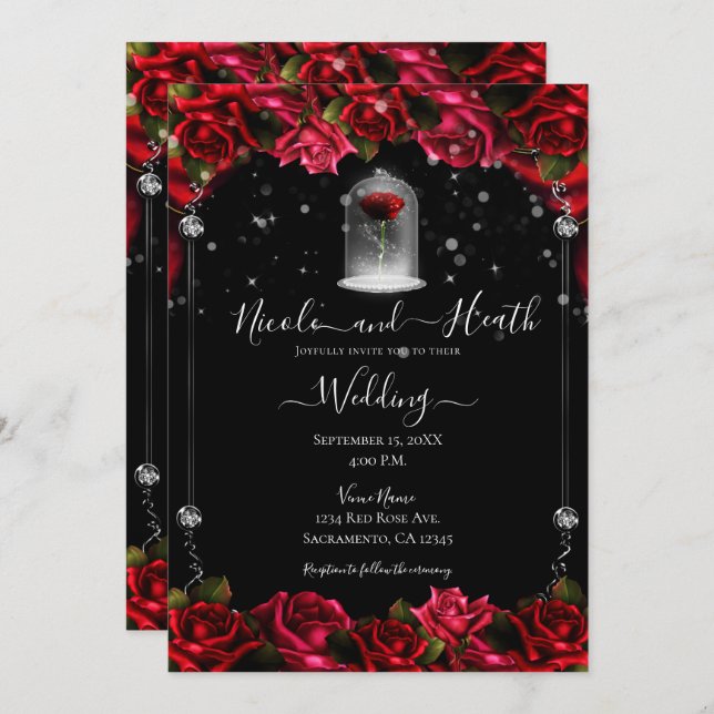 Magical Red Rose White Gold Silver Black Wedding Invitation (Front/Back)
