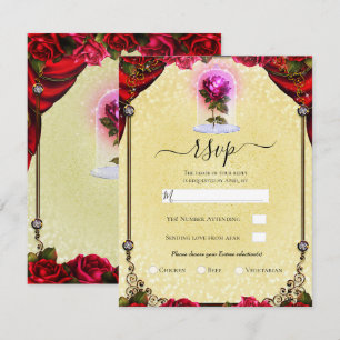 Magical Red Rose Yellow Gold Sparkle Party RSVP Invitation