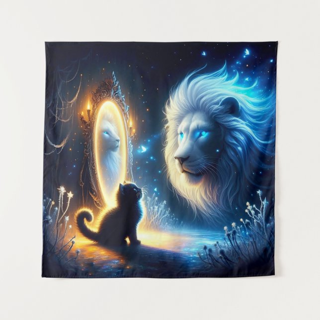 Magical Reflection: Black Cat and White Lion Tapestry (Front)