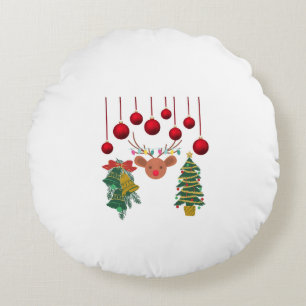 Magical Reindeer Bells and Christmas Tree Design Round Pillow