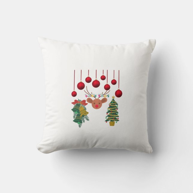 Magical Reindeer Bells and Christmas Tree Design  Throw Pillow (Front)