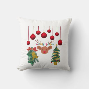 Magical Reindeer Bells and Christmas Tree Design Throw Pillow