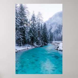 Magical river in enchanted winter forest poster