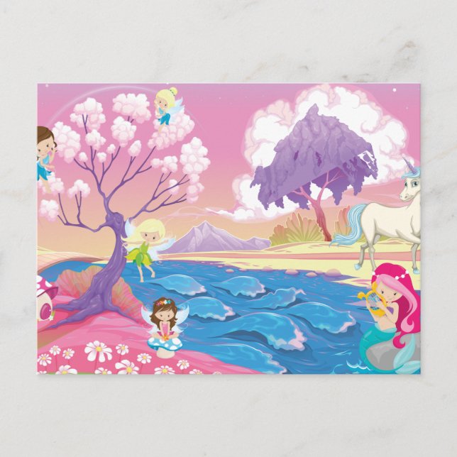 Magical Riverbank with Fairies Unicorn and Mermaid Postcard (Front)