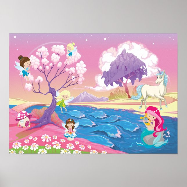 Magical Riverbank with Fairies Unicorn and Mermaid Poster (Front)