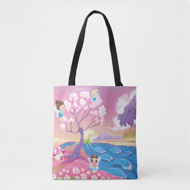 Magical Riverbank with Fairies Unicorn and Mermaid Tote Bag (Front)