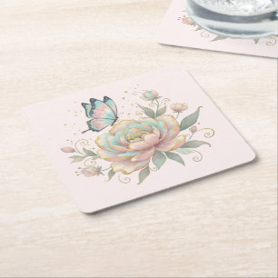 Magical Rose and Butterfly Pastel Colors Square Paper Coaster