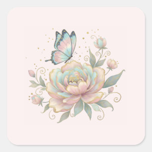 Magical Rose and Butterfly Pastel Colors Square Sticker
