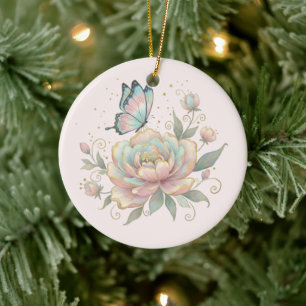 Magical Rose and Butterfly Pastel Colours Ceramic Ornament