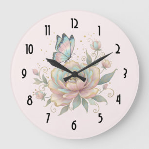 Magical Rose and Butterfly Pastel Colours Large Clock