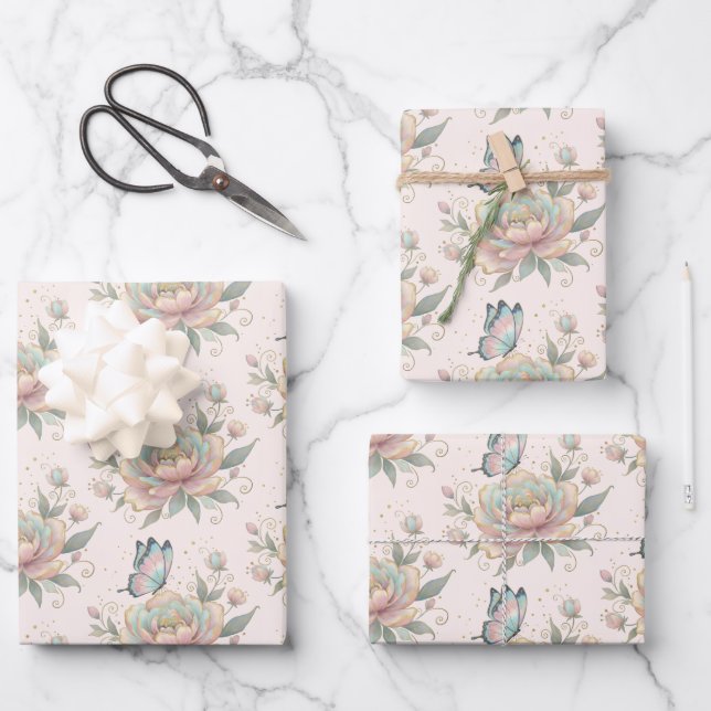 Magical Rose and Butterfly Pastel Colours Pattern Wrapping Paper Sheet (Front)