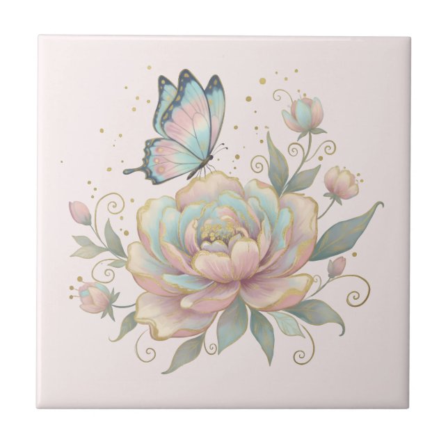 Magical Rose and Butterfly Pastel Colours Tile (Front)