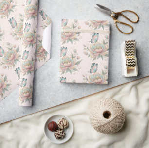 Magical Rose and Butterfly Pattern Pastel Colours Wrapping Paper