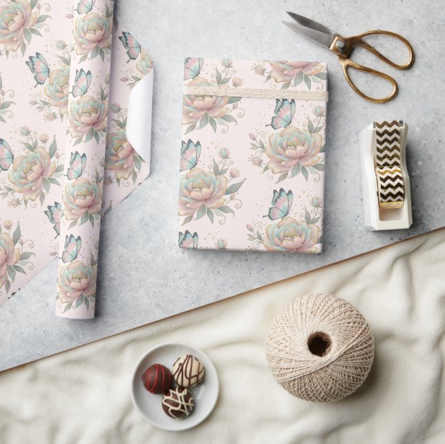 Magical Rose and Butterfly Pattern Pastel Colours  Wrapping Paper (Crafts)