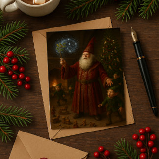 Magical Santa Claus Wizard with Elves Holiday Card
