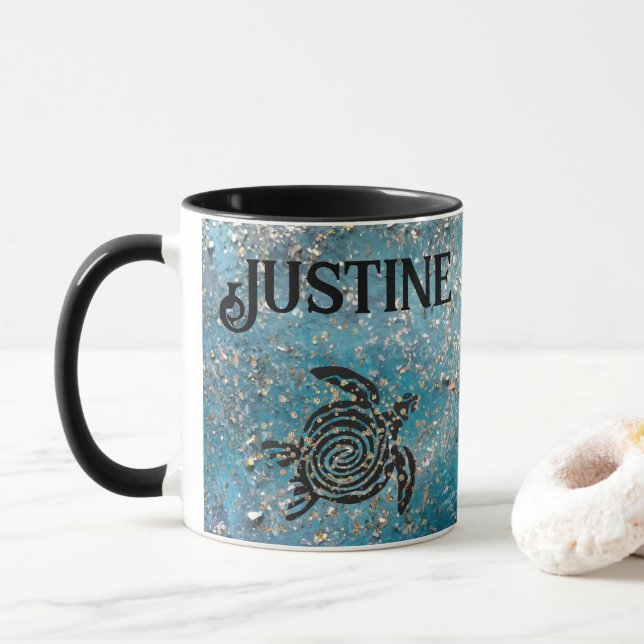 Magical Sea Turtle Glittery Blue Personalized  Mug (With Donut)