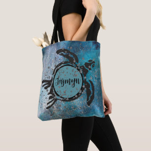 Magical Sea Turtle Glittery Blue Personalized Tote Bag
