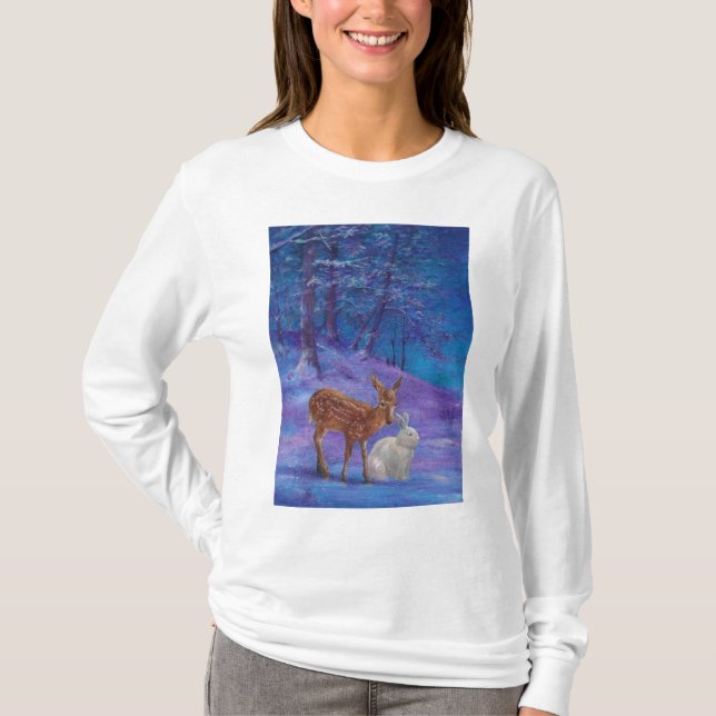 Magical Snowscape with Reindeer and Bunny T-Shirt (Front)