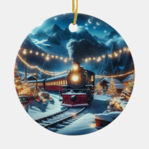 Magical Snowy Christmas Train Winter Scene Ceramic Ornament