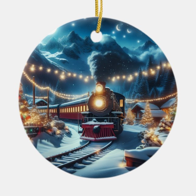 Magical Snowy Christmas Train Winter Scene Ceramic Ornament (Front)