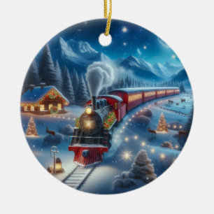 Magical Snowy Christmas Train Winter Scene Ceramic Ornament
