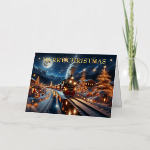 Magical Snowy Christmas Train Winter Scene Foil Holiday Card