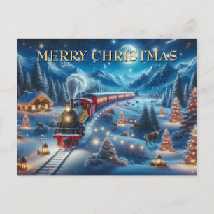 Magical Snowy Christmas Train Winter Scene Holiday Postcard