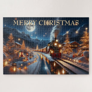 Magical Snowy Christmas Train Winter Scene Jigsaw Puzzle