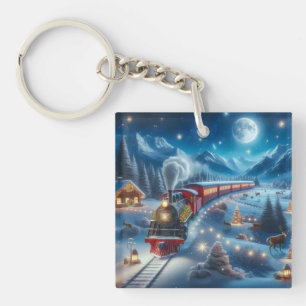 Magical Snowy Christmas Train Winter Scene Keychain