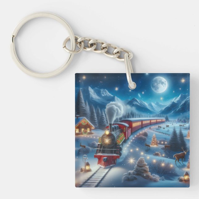 Magical Snowy Christmas Train Winter Scene Keychain (Front)
