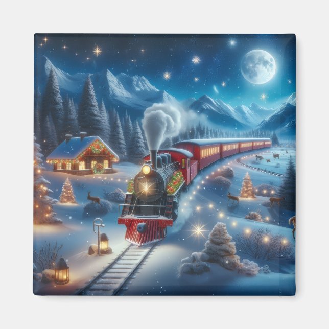 Magical Snowy Christmas Train Winter Scene Magnet (Front)