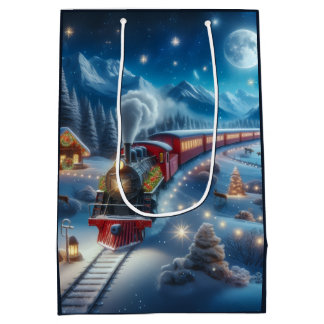 Magical Snowy Christmas Train Winter Scene Medium Gift Bag